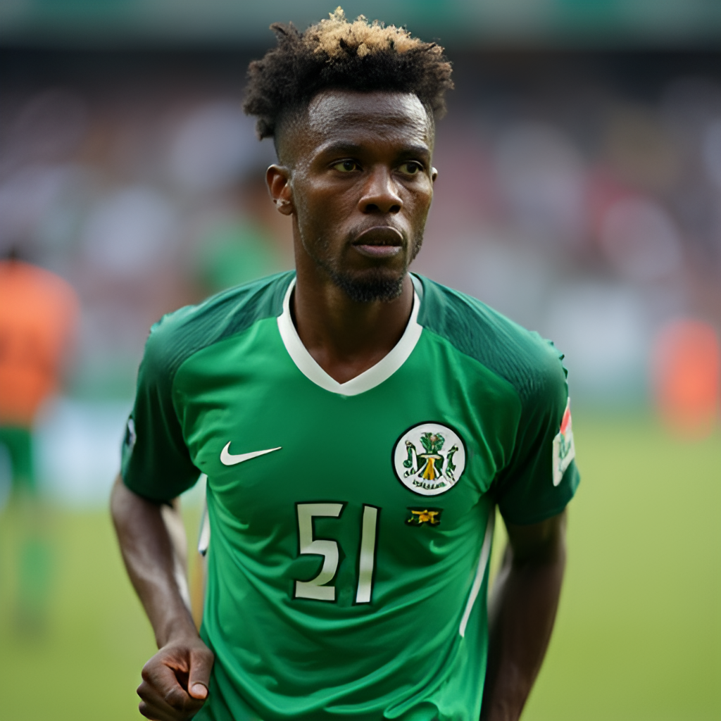 A close-up portrait of Ademola Lookman looking determined on the pitch, perhaps during a match for Nigeria, highlighting his focus and intensity.