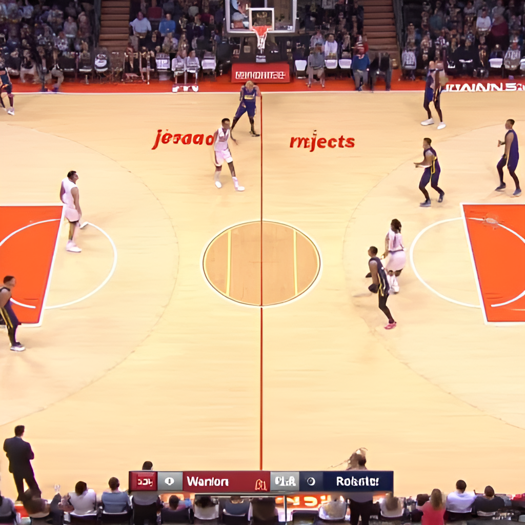 An overhead view of a basketball court showing strategic player positioning during a Warriors vs Rockets game, highlighting the tactical aspect of their matchup with coaching staff visible on the sidelines.