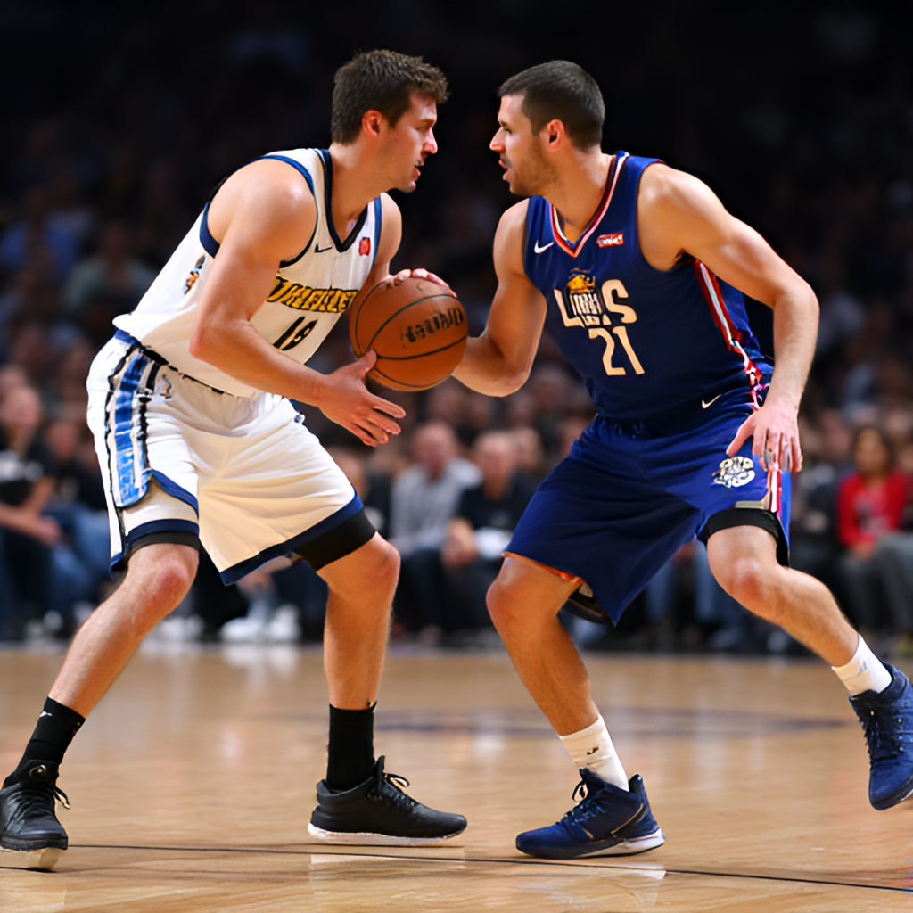 A dynamic action shot featuring Nikola Jokic of the Nuggets and Kawhi Leonard of the Clippers in a direct on-court confrontation, highlighting their individual matchup.