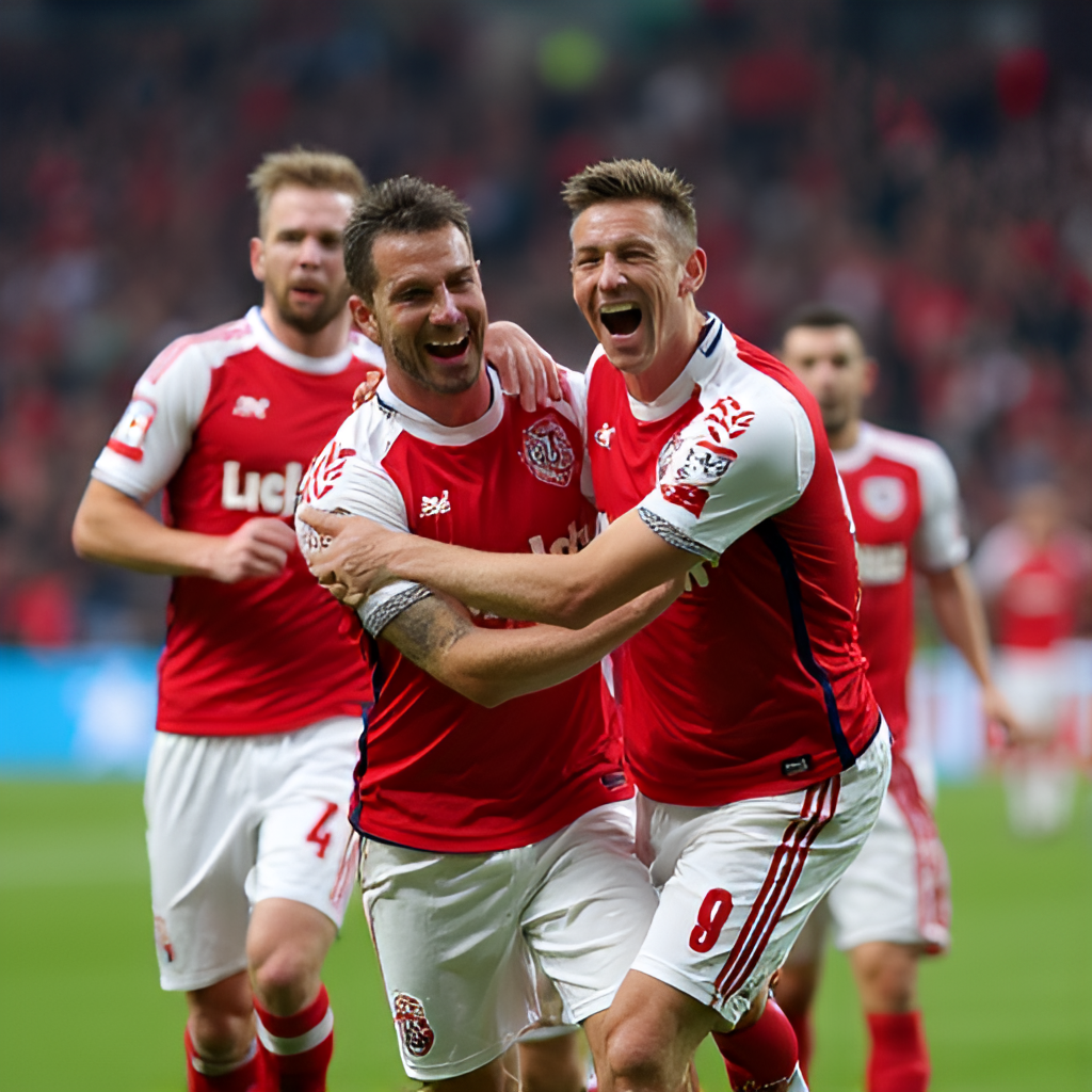 A close-up, energetic photo of FC Augsburg players celebrating a goal on the pitch at the WWK Arena, showing their emotion and teamwork, with blurred fans in the background.