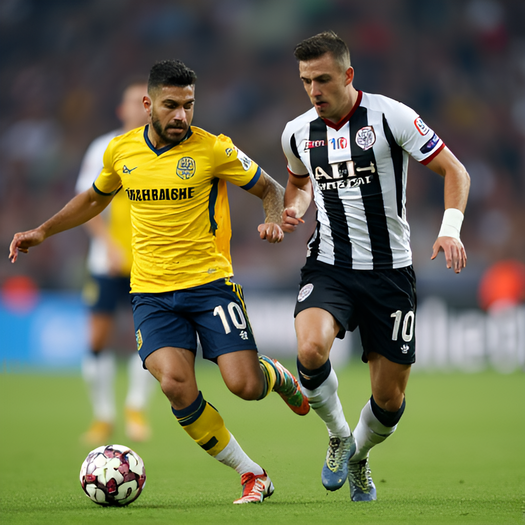 A close-up, action shot of two football players, one in Fenerbahçe's yellow and navy kit and the other in Beşiktaş's black and white kit, competing for the ball during a match, with a blurred background of the stadium