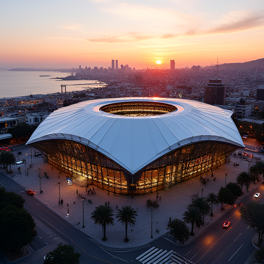 An aerial view of the modern Chase Center arena in San Francisco, with the city skyline and waterfront in the background, during sunset