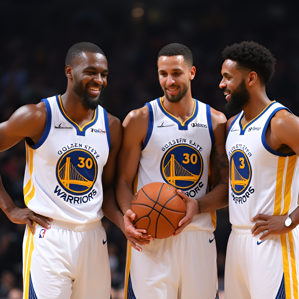 An image depicting the teamwork of the Golden State Warriors, perhaps showing Draymond Green facilitating a pass to a teammate cutting to the basket, or the team huddled together demonstrating their 'Strength in Numbers' motto.