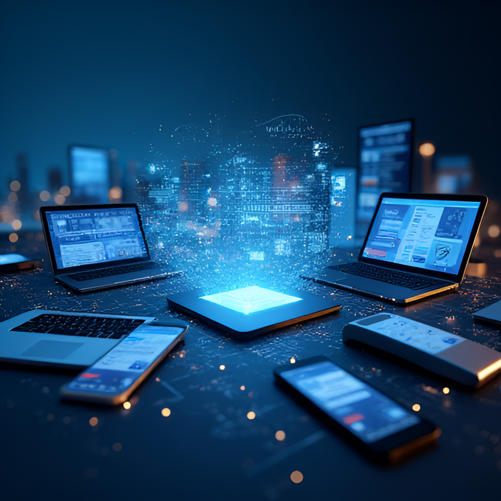 A modern, dynamic image showcasing digital finance with interconnected devices (laptops, phones, POS terminals) and abstract financial data visualizations, representing GTBank's focus on a digital future and expanded financial services.
