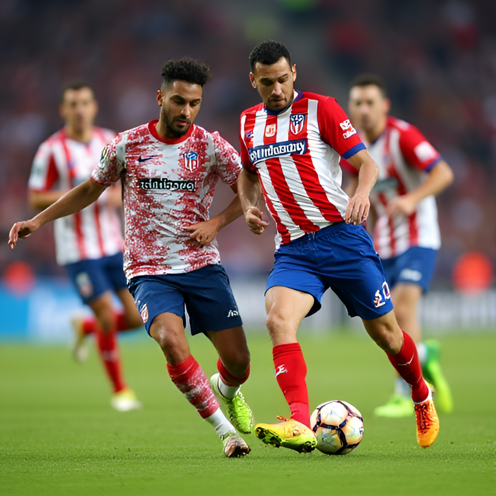 A dynamic action shot of players from both Atlético Madrid and Real Sociedad challenging for the ball in midfield during a previous match, capturing the intensity of the fixture.