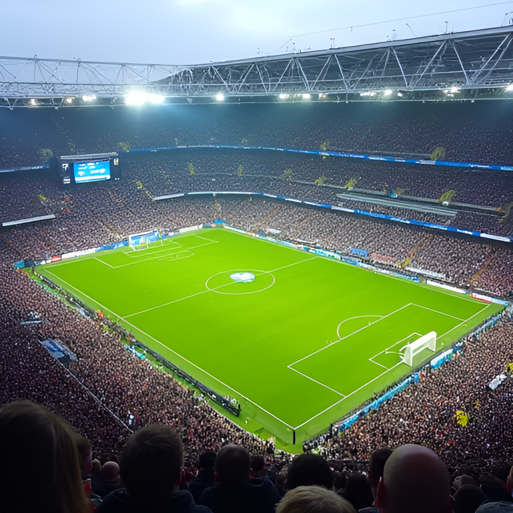 An aerial view of Stade Océane in Le Havre during a football match, showing the pitch and stands filled with supporters