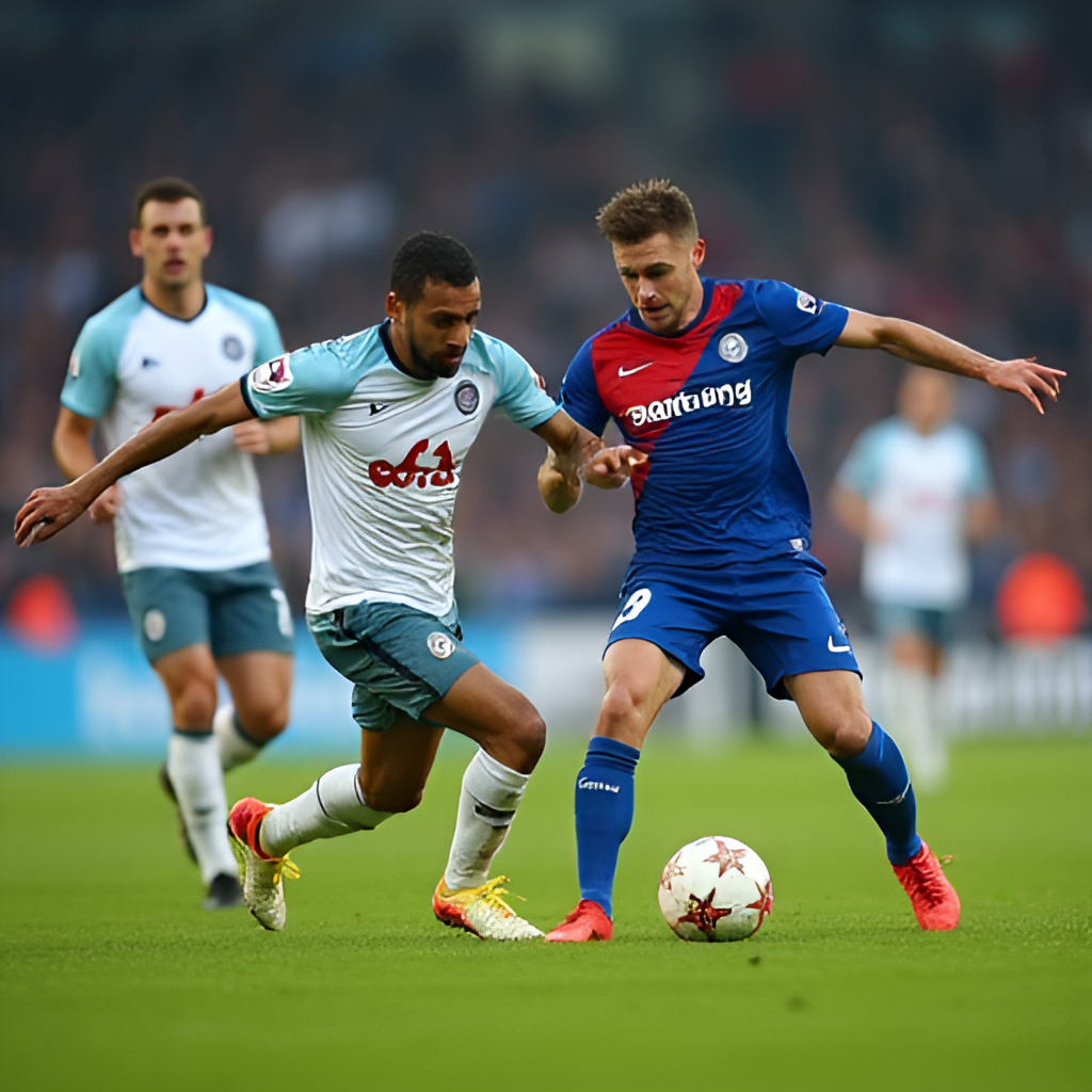 A dynamic, low-angle shot of a football match in progress between Le Havre and Marseille players, capturing the intensity of the game with a blurred crowd in the background