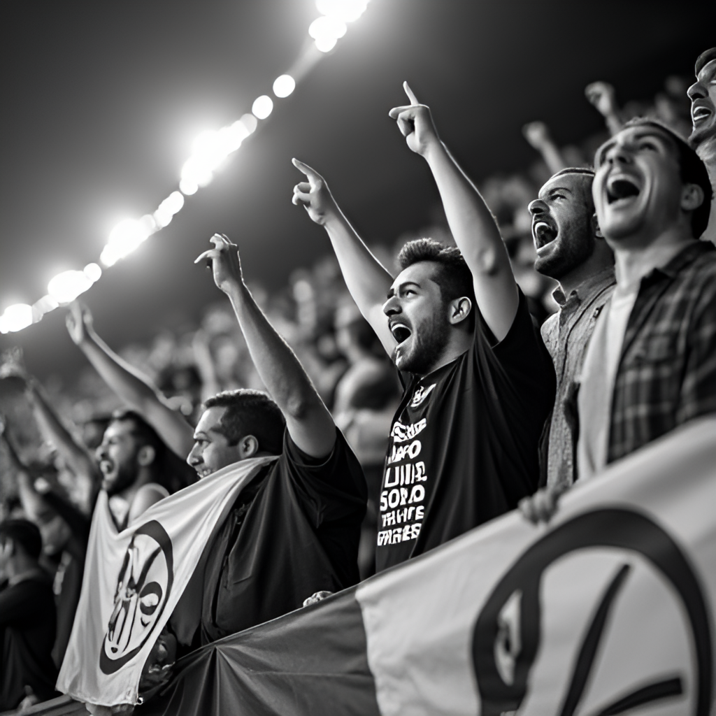 A close-up, energetic shot of passionate Udinese Calcio fans in the stands, waving flags and banners in black and white, showing their dedication and the vibrant matchday atmosphere.