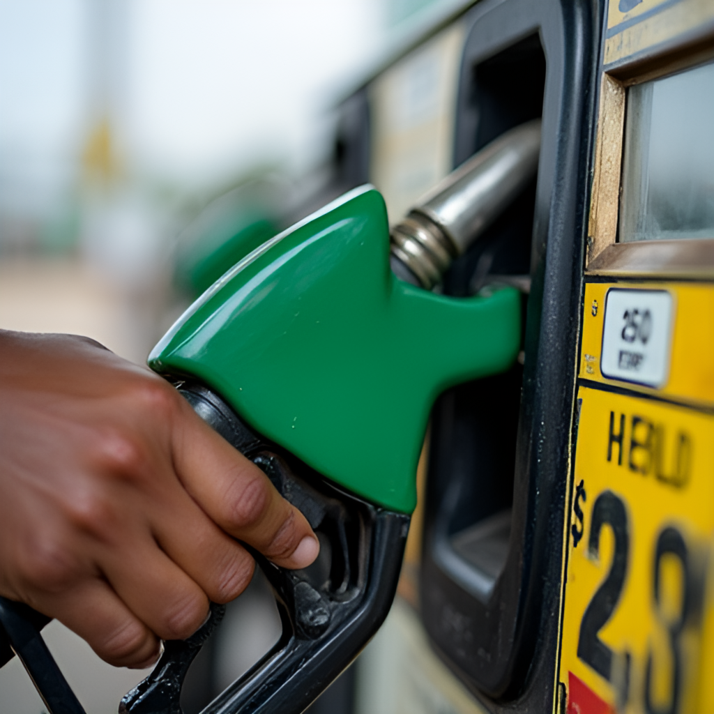A close-up shot of a hand holding a fuel pump nozzle at a filling station in Nigeria, with the price displayed on the pump clearly showing a reduced amount.