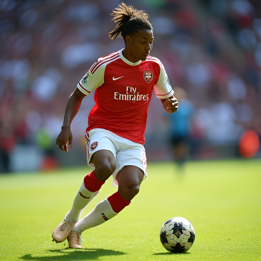 An action shot of a football player in mid-dribble, looking up to pass or shoot, highlighting the skill and dynamism of key players