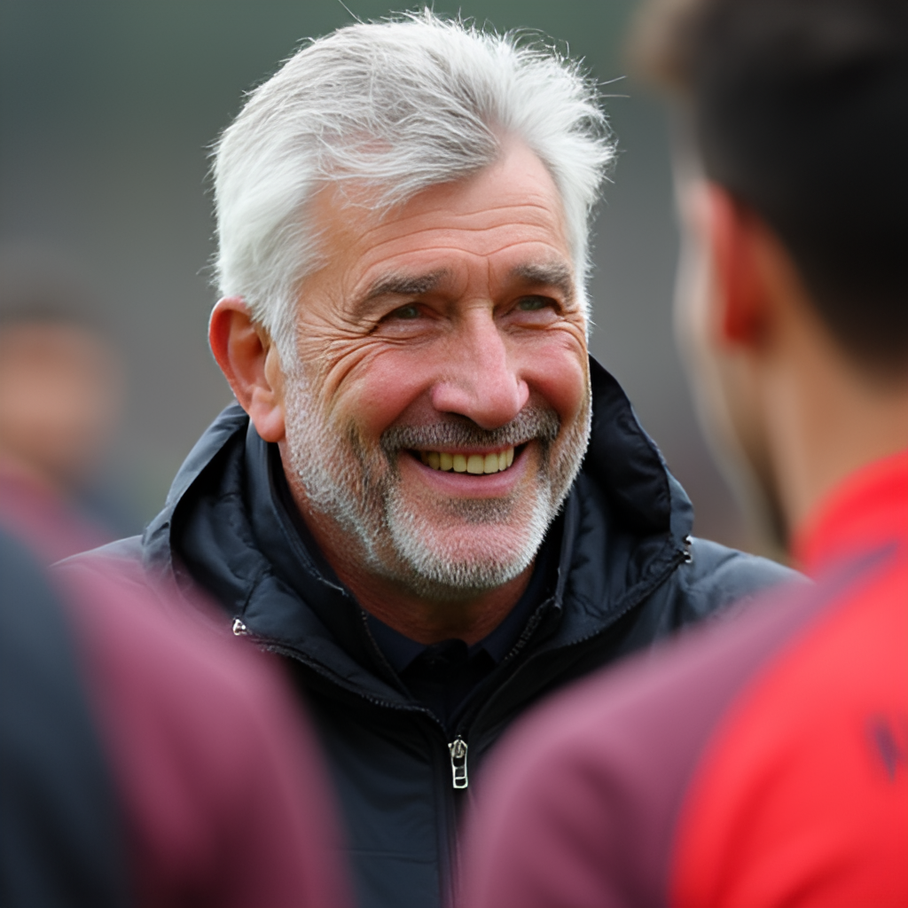 A close-up, warm portrait of Carlo Ancelotti smiling and interacting positively with a player on the training ground, emphasizing his renowned man-management skills and rapport with footballers.