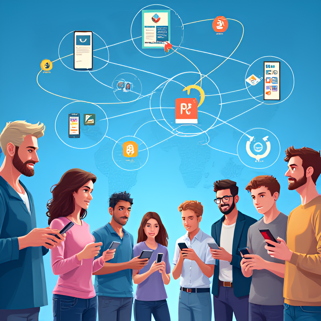 An illustrative image depicting the Pi Network ecosystem, showing a diverse group of people using mobile phones connected to various dApps and services, symbolizing real-world utility and adoption.
