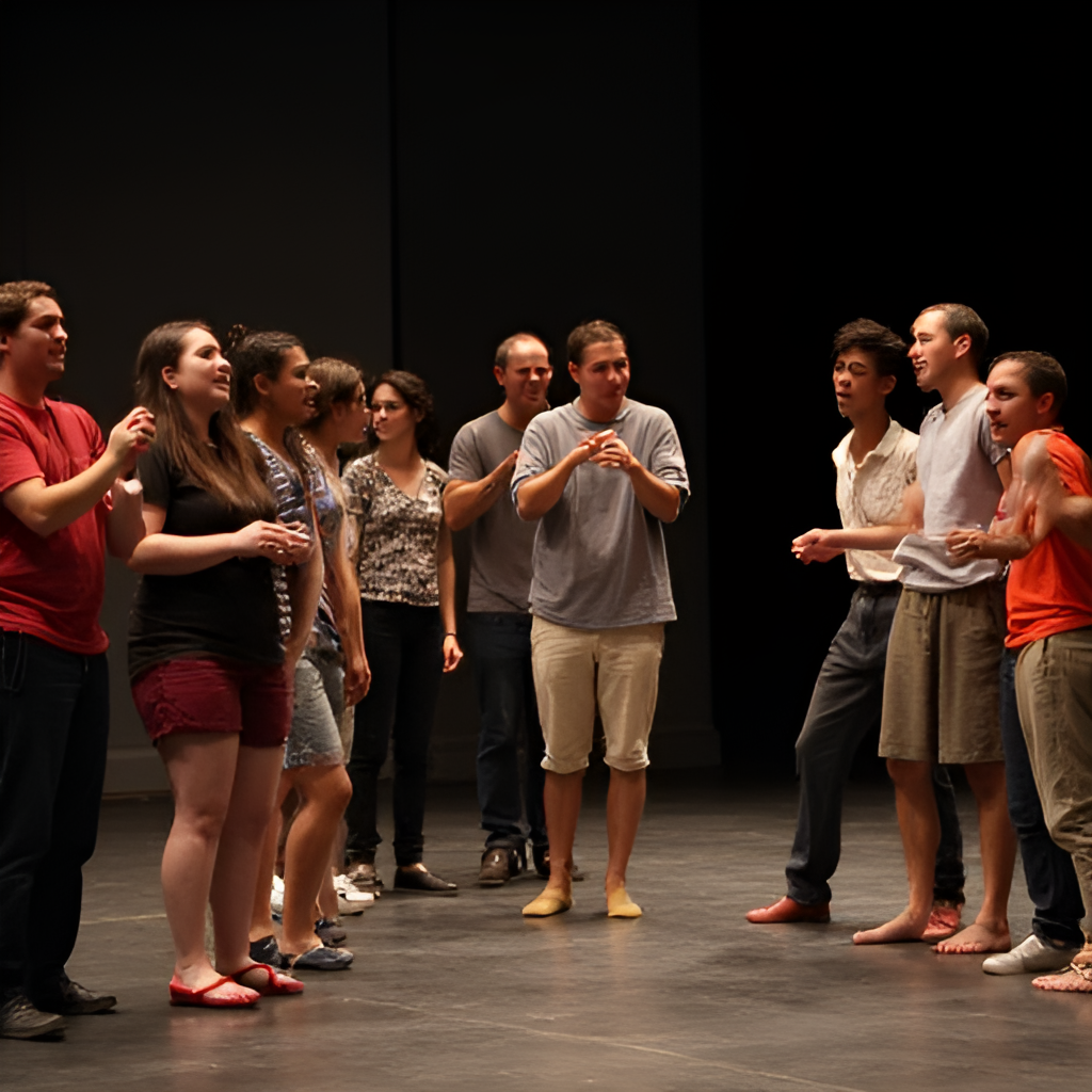 An image depicting a scene from a play or acting class at the WACO Theater Center, showing diverse actors engaged in a performance or exercise