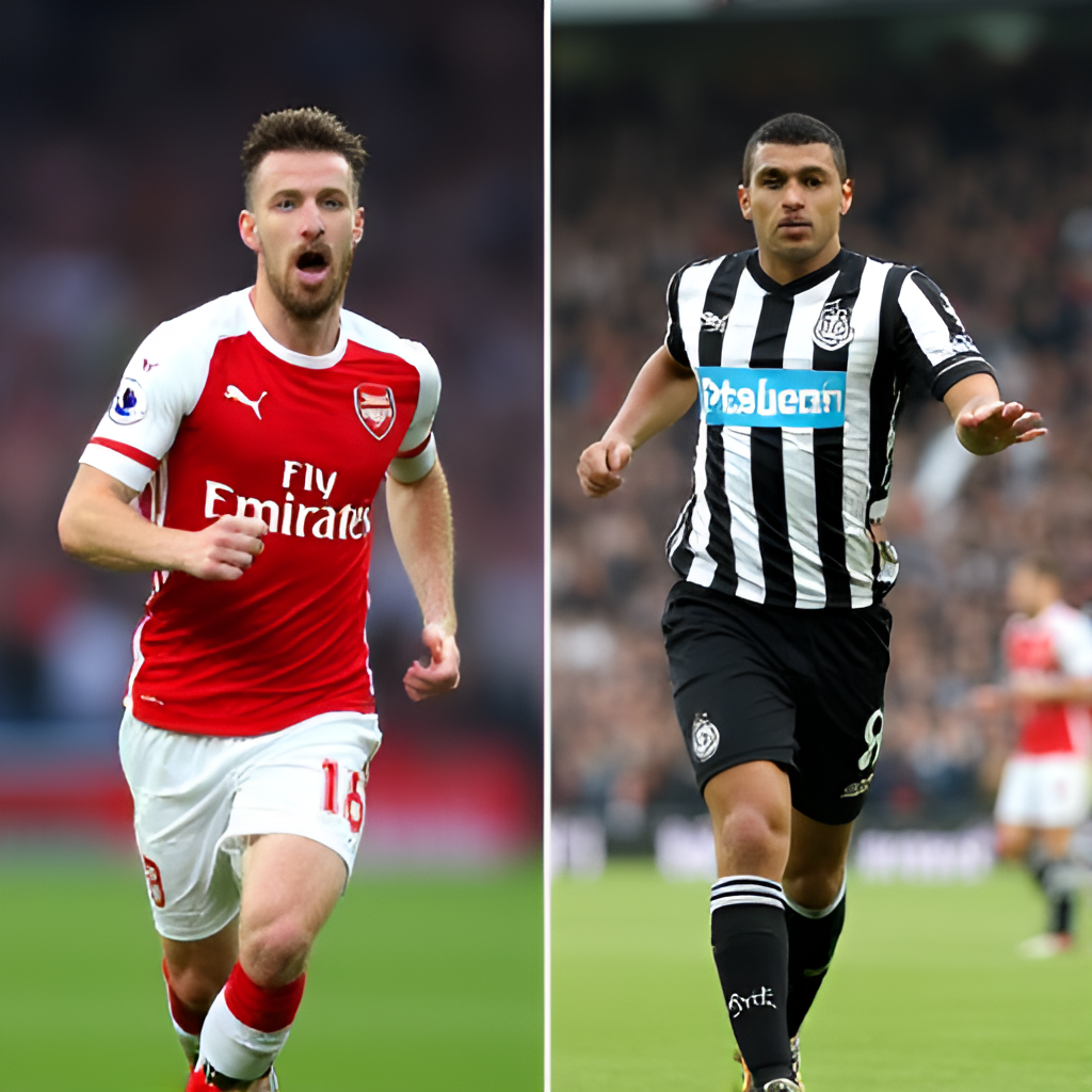 A split image showing a key attacking player from Arsenal celebrating a goal on one side and a key attacking player from Newcastle celebrating a goal on the other side.