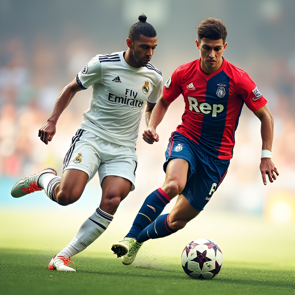 A dynamic, illustrative scene showing a Real Madrid player (e.g., Mbappé) and a Real Sociedad player (e.g., Oyarzabal) in a midfield battle for the ball, emphasizing intensity. Style should be realistic yet slightly artistic.