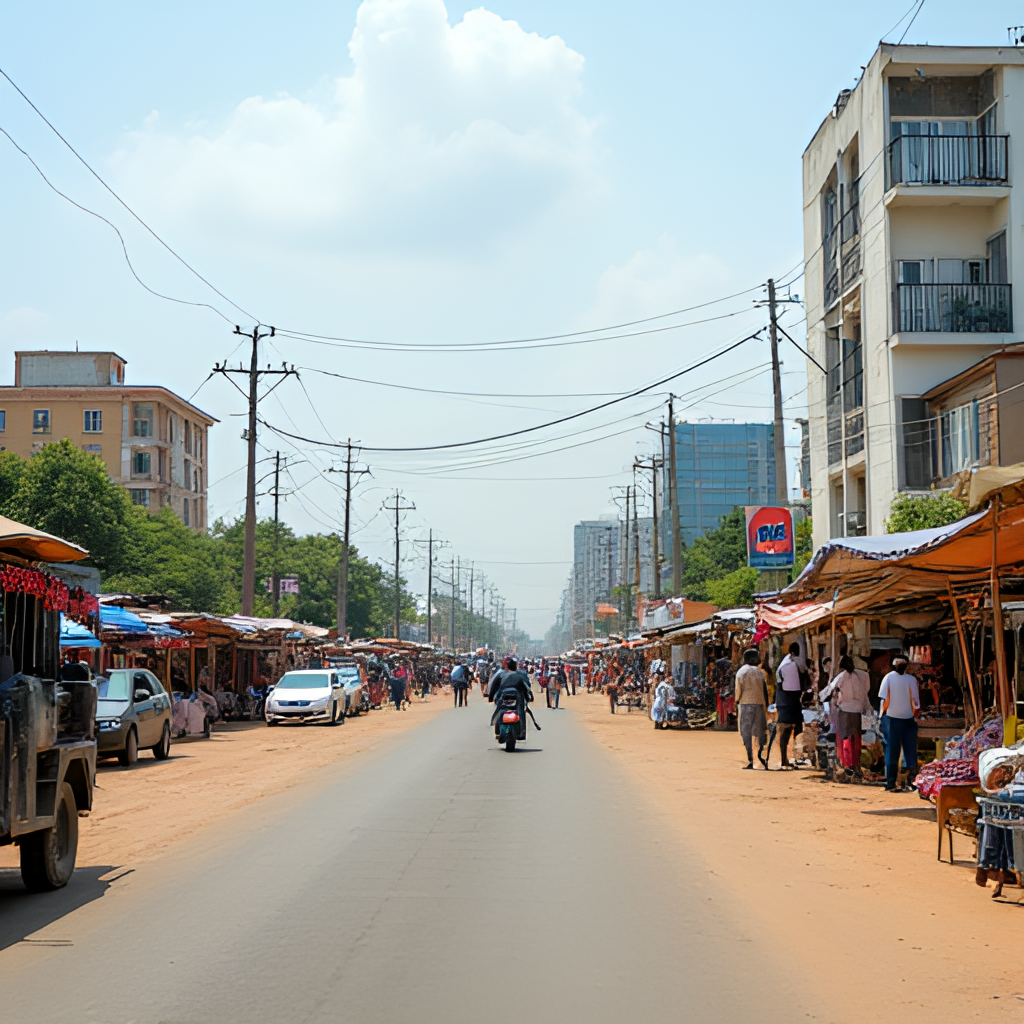 A vibrant street scene in Abidjan, Côte d'Ivoire, showing modern infrastructure like new roads or buildings alongside bustling market activity, symbolizing the blend of economic growth and daily life in the country.