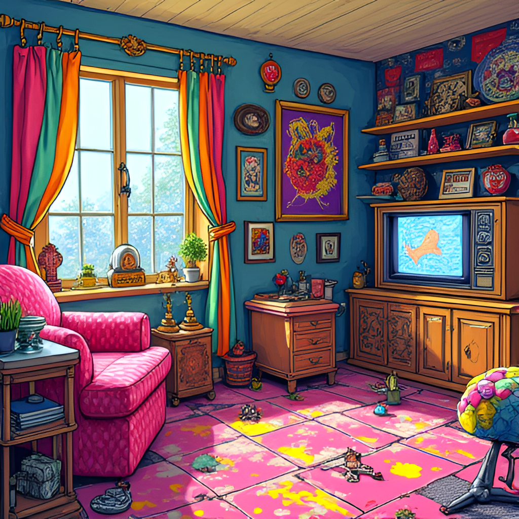A humorous, slightly exaggerated illustration of a room decorated with clashing patterns, bright neon colors, and an abundance of mismatched trinkets, embodying tacky aesthetics.