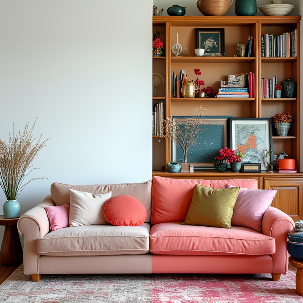 A split image showing two contrasting scenes: one side depicts a minimalist, conventionally 'tasteful' room, and the other shows a vibrant, cluttered space filled with objects that might be considered kitsch or questionable style, highlighting the subjectivity of taste.
