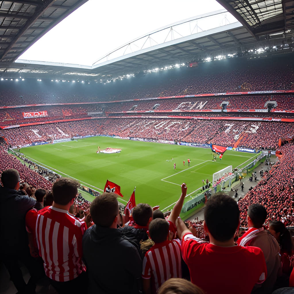 A wide-angle shot of a packed football stadium during a match between two teams in red and white stripes (Sunderland) and red and white stripes with black shorts (Sheffield United), showing passionate fans waving flags and scarves, capturing the intense atmosphere.
