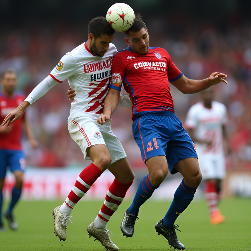 A dynamic medium shot photograph of two football players, one from Leganes and one from Real Valladolid, contesting a header or tackle during a match, emphasizing the competitive nature of their rivalry.