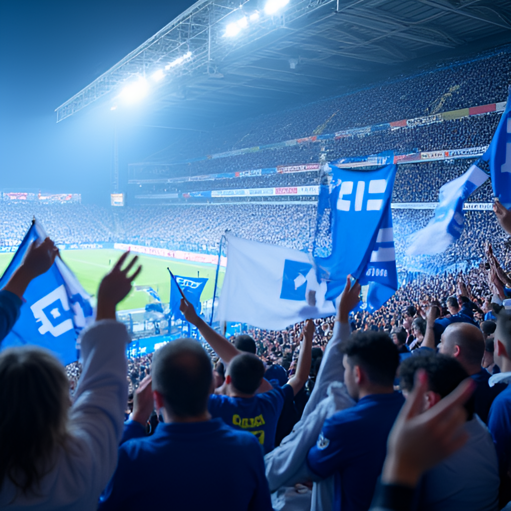 A dynamic shot capturing the passionate FC Luzern fans in the Swissporarena, waving blue and white flags and banners, creating a lively atmosphere during a home game.