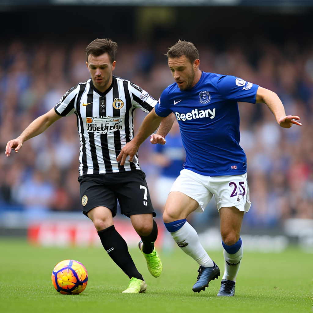 An action shot from a recent Premier League match between Newcastle United and Everton, showing players challenging for the ball in midfield at either St James' Park or Goodison Park, capturing the intensity of the modern fixture.