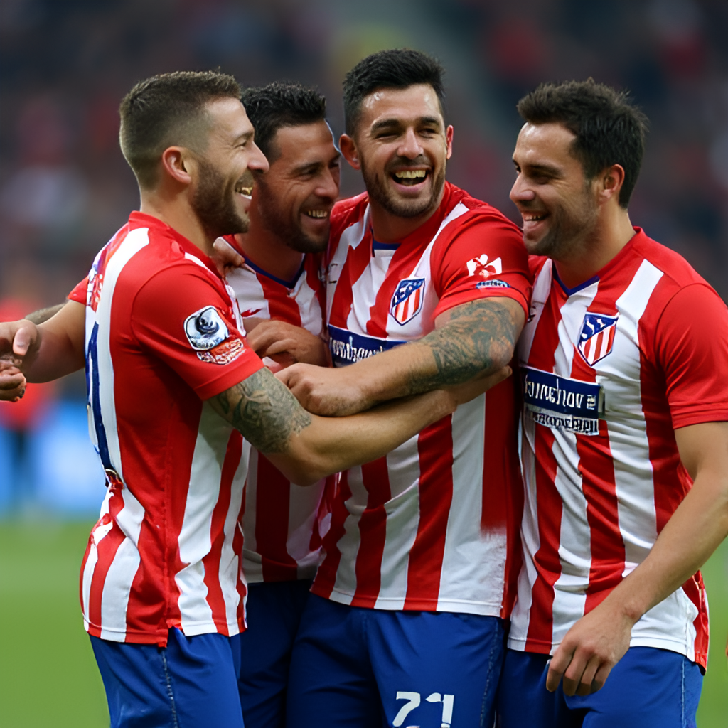 A close-up, dynamic shot of Atletico Madrid players celebrating a goal together on the pitch, showcasing their team spirit and unity, with the club crest visible on their jerseys.