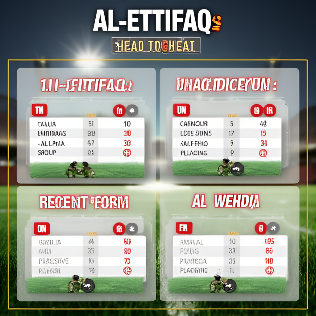 A graphic illustrating the head-to-head record and recent form of Al-Ettifaq and Al Wehda with bar charts and win/loss icons, set against a subtle football background.