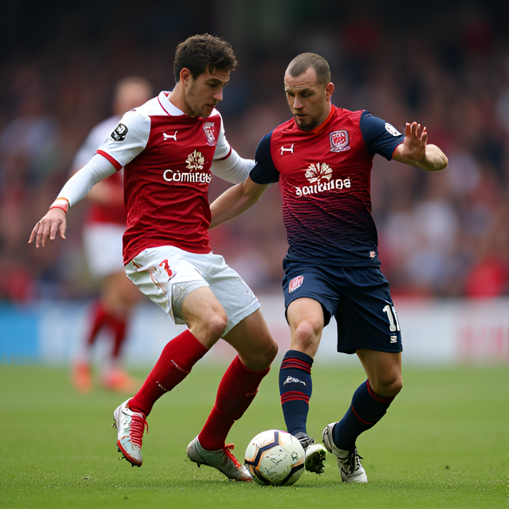 A shot of a tense midfield battle between two players, one in Ross County's colours and one in Livingston's colours, during a football match, capturing the intensity of their rivalry