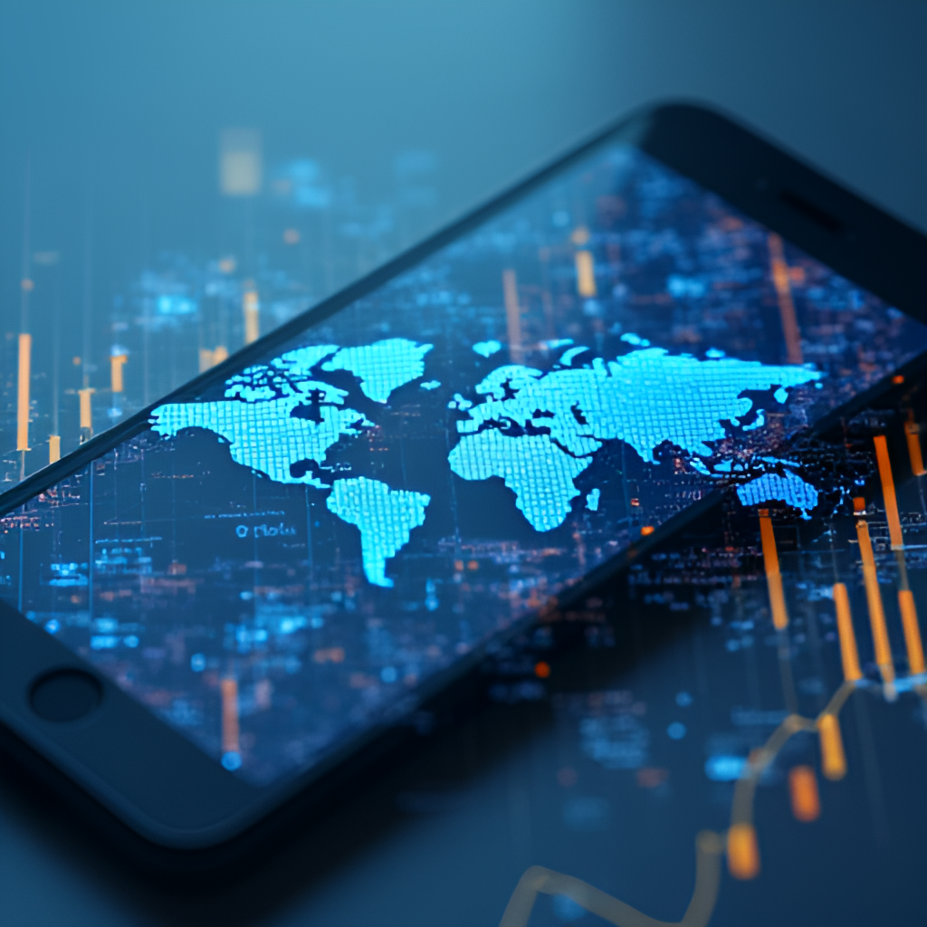 An abstract image representing global markets and economic factors influencing technology prices, potentially showing different world currencies or charts overlaid on a stylized image of a smartphone silhouette.