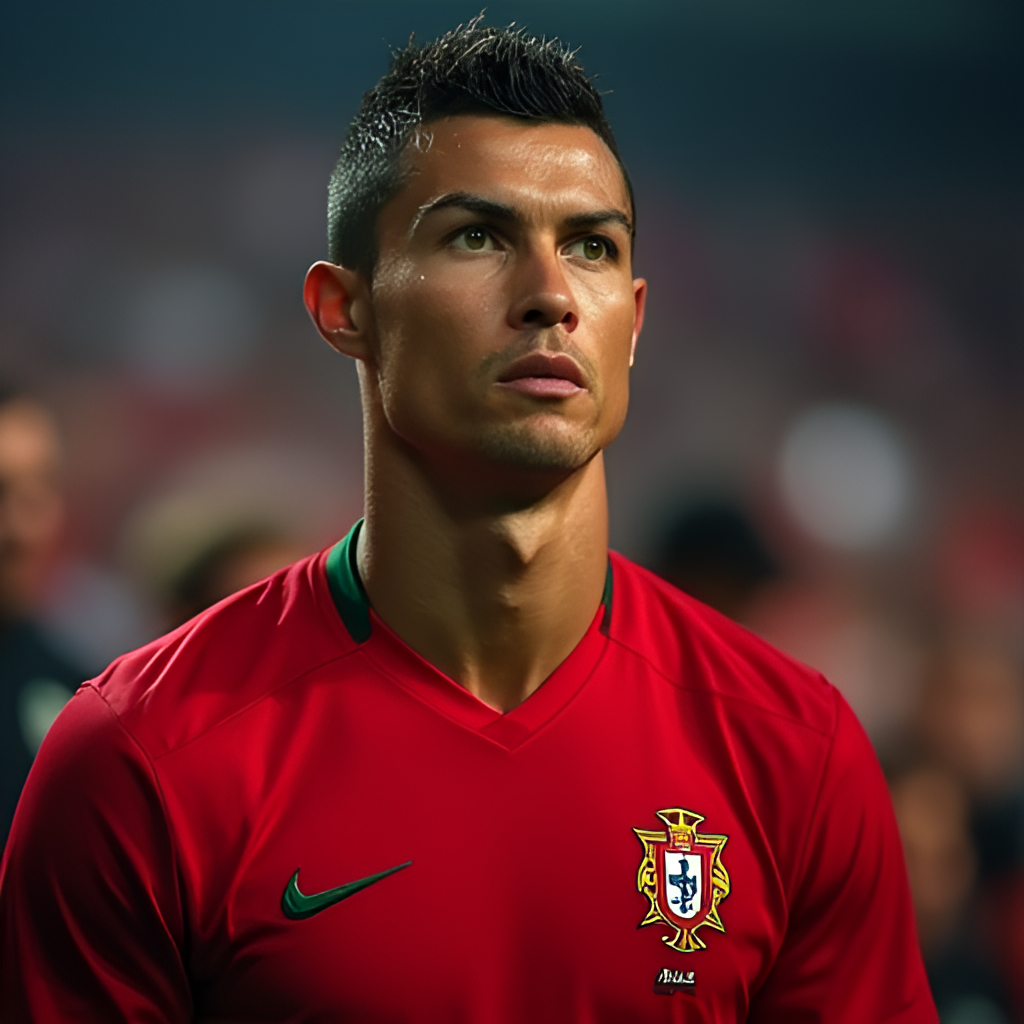 Close-up portrait of Cristiano Ronaldo in a Portugal national team kit, looking determined, with a slightly blurred crowd in the background, dramatic lighting