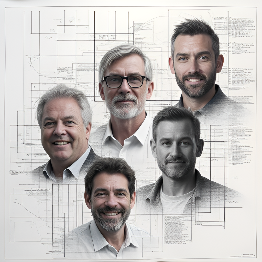 A composite image depicting headshots of key figures like Sir Jim Ratcliffe, Omar Berrada, Jason Wilcox, and potentially Dan Ashworth (if confirmed), overlaid on a blueprint or strategic planning document with football icons.
