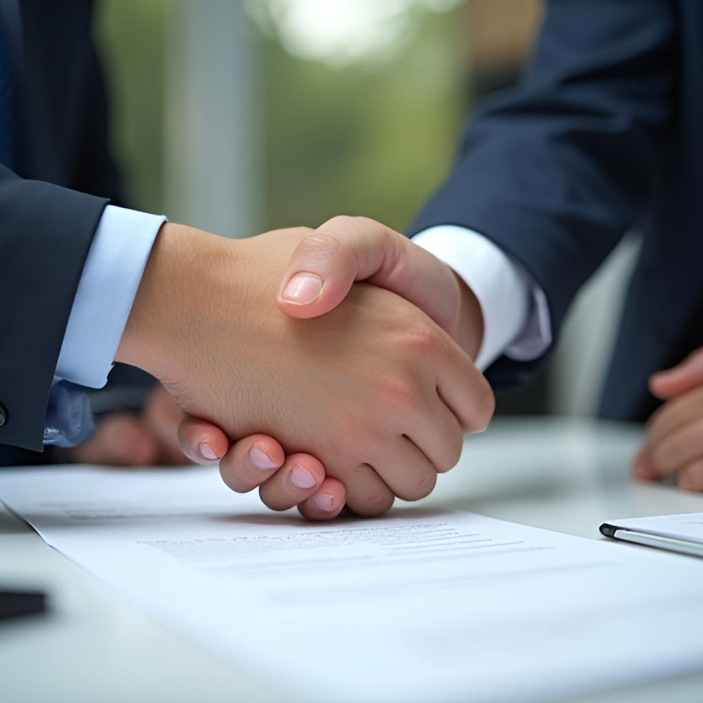 A close-up shot of hands shaking on a contract, with blurred football elements in the background, symbolizing a completed transfer deal.