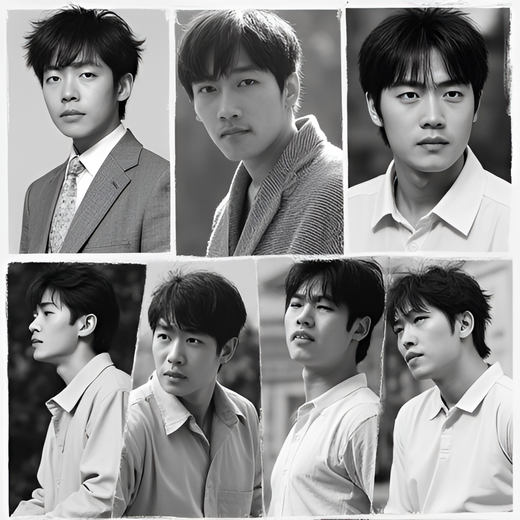 A black and white photo collage showing different character roles played by actor Choi Jung Woo throughout his career, highlighting his versatility.