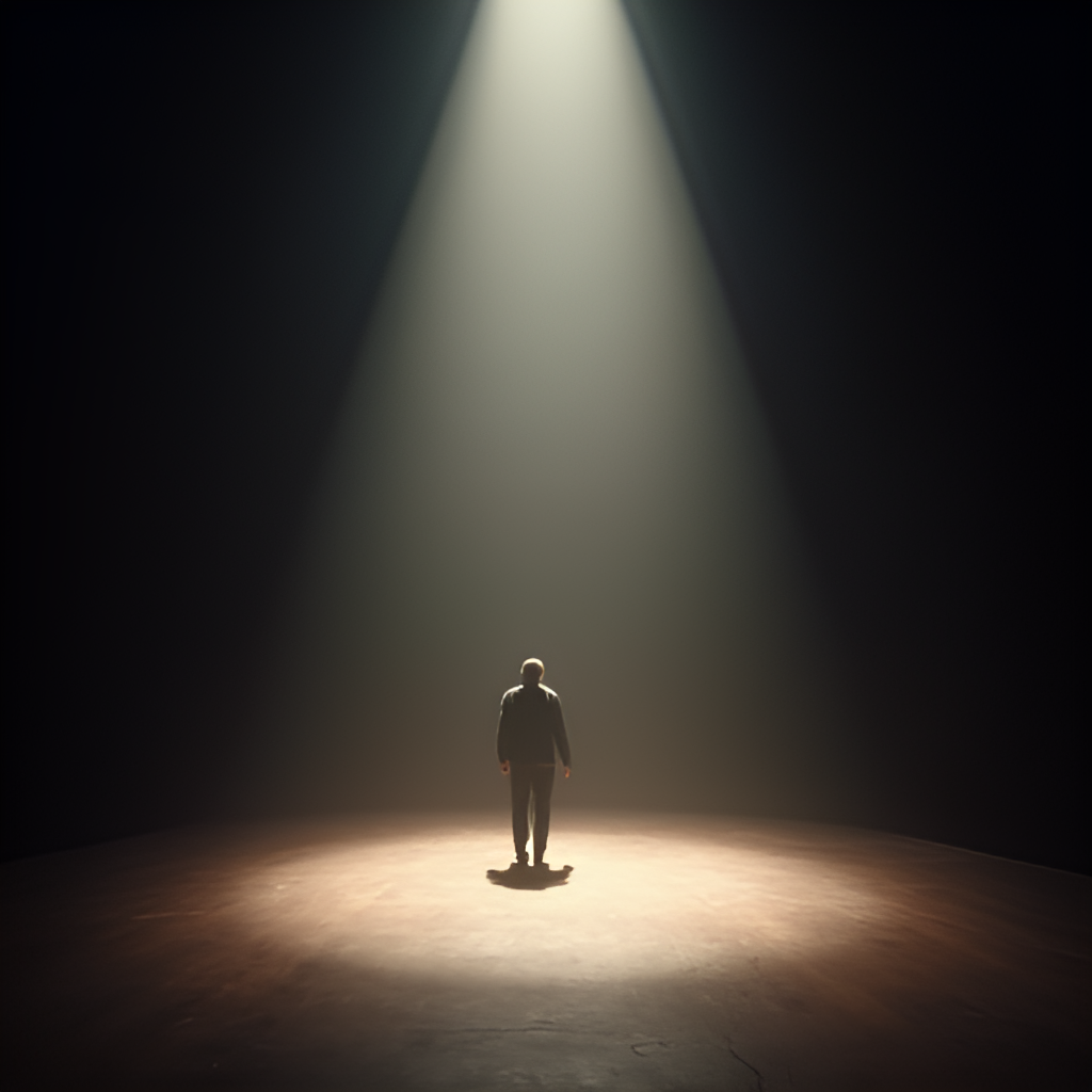 A serene, respectful image depicting a theater stage with a single spotlight, symbolizing the actor's life and legacy on stage and screen, perhaps with a subtle, ethereal figure walking off into the light.