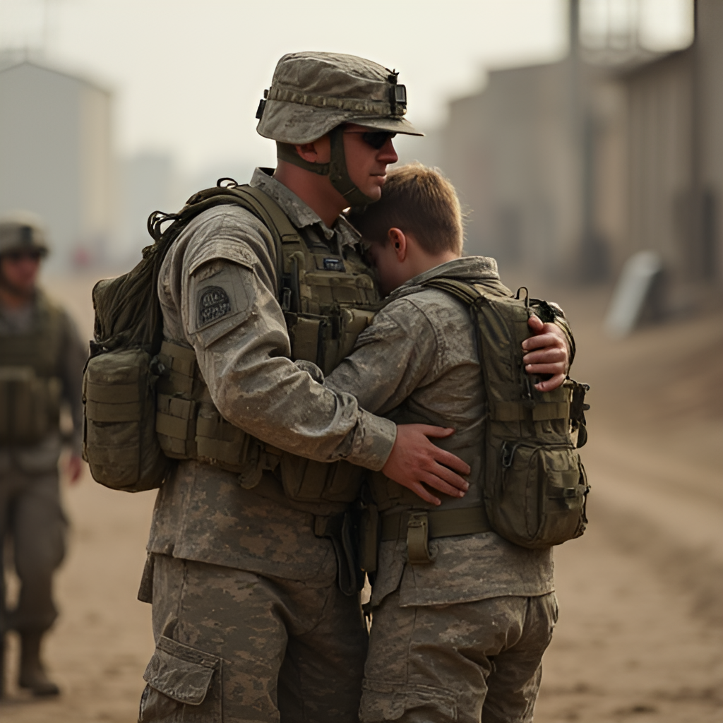 A poignant scene depicting a military family saying goodbye during a deployment. A soldier is embracing a loved one, with a child holding onto their leg, conveying the emotional reality of military life transitions.