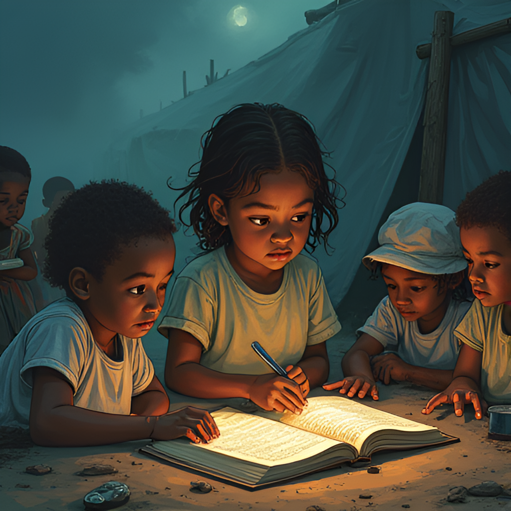 An illustrative image depicting various challenges faced by Nigerian children, such as a child reading by dim light, children doing manual labour, or children in a displaced persons camp, conveying a sense of vulnerability.