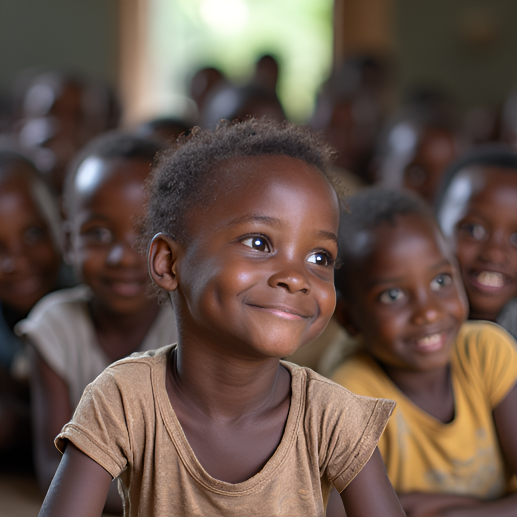 A hopeful image showing Nigerian children in a supportive environment, perhaps attending a well-equipped classroom, receiving healthcare, or participating in a community program, representing positive interventions.