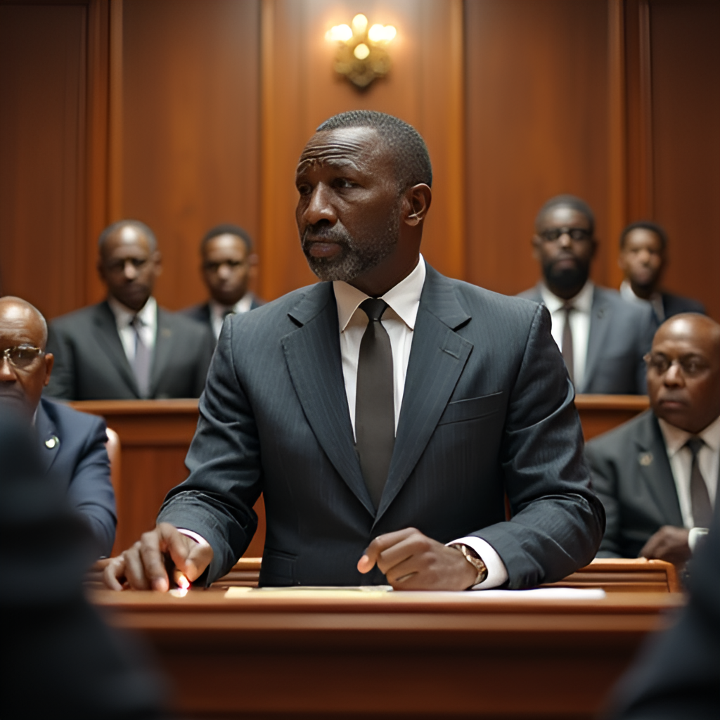 A courtroom scene depicting a trial, with figures representing the former CBN governor, legal teams, and a judge, symbolizing the ongoing legal battles related to Emefiele's tenure.