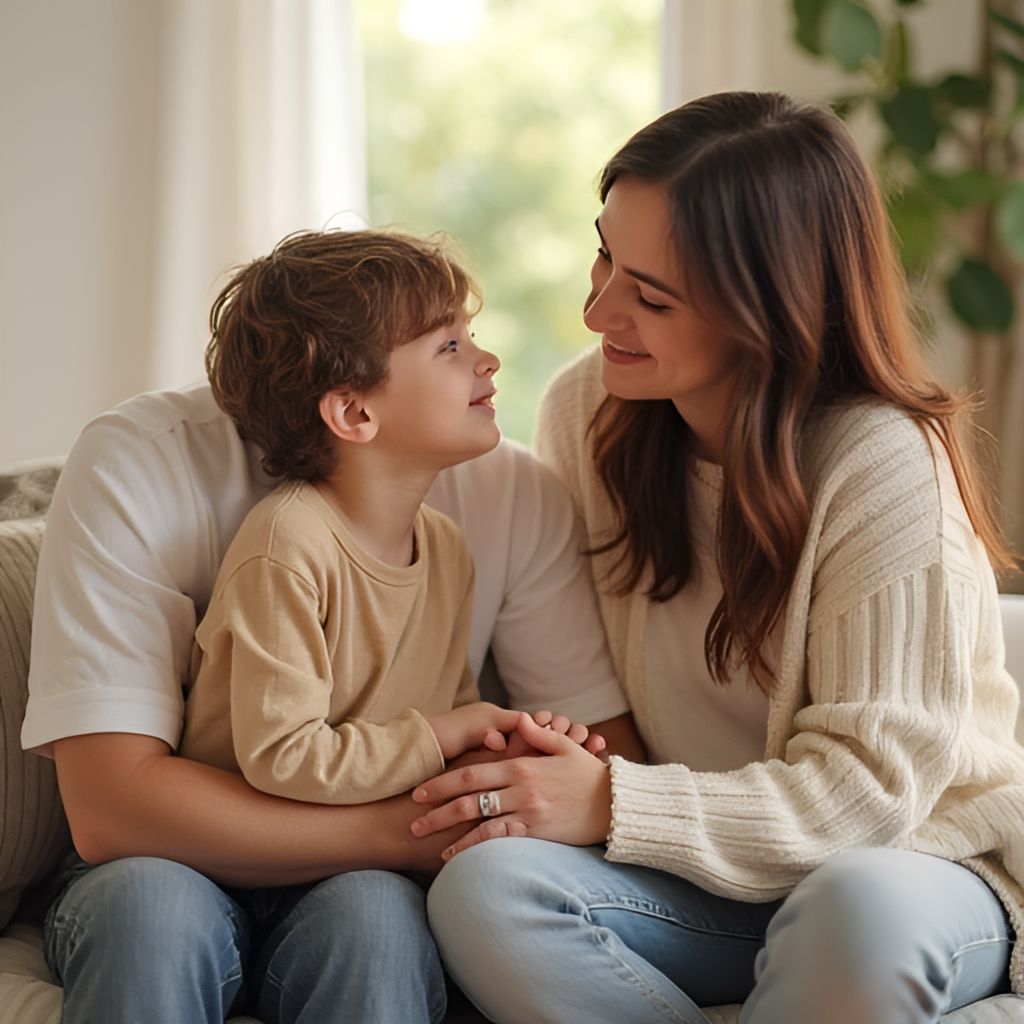 A parent and child sitting together, talking and smiling, representing open communication and emotional support in the parenting journey, rendered in a warm, comforting style.