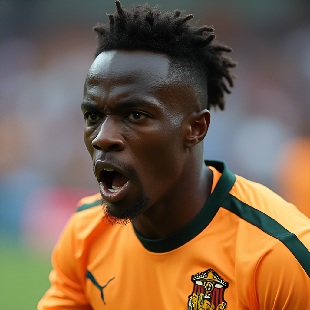 A close-up portrait photo of Emanuel Emegha, looking determined, maybe celebrating a goal or during a training session. The image should capture his personality.
