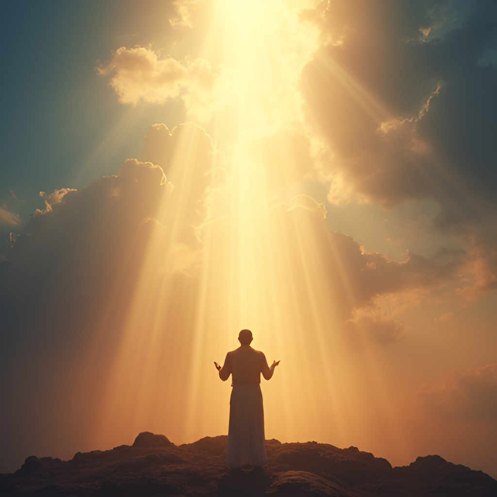 A vibrant image depicting rays of light streaming down from a dramatic sky onto a person praying, symbolizing an open heaven and divine connection