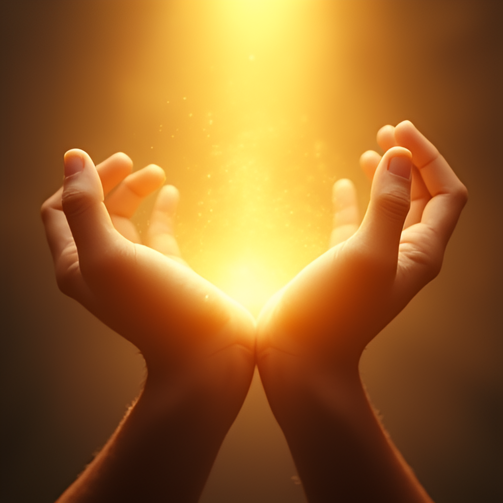 An image illustrating open hands receiving golden light or blessings from above, representing the reception of God's favor and provisions