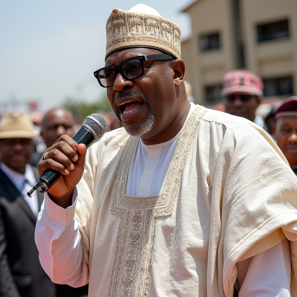 A composite image depicting Rotimi Amaechi speaking at a political rally or event, contrasted with a visual representation of legal documents or court symbols, representing the controversies and legal challenges he has faced.