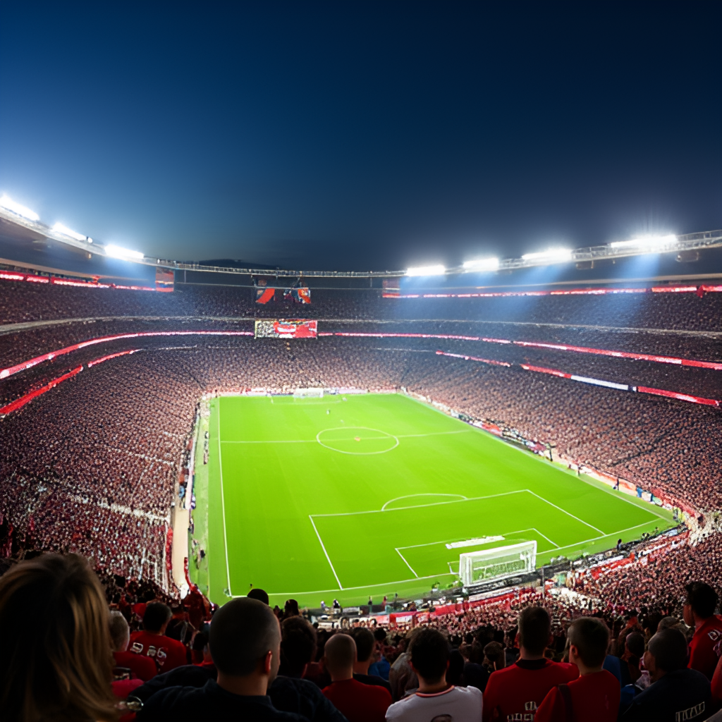 A wide shot of Toyota Stadium during an MLS match, showing the pitch, stands filled with fans, and the stadium lights, capturing the atmosphere of a home game for FC Dallas.