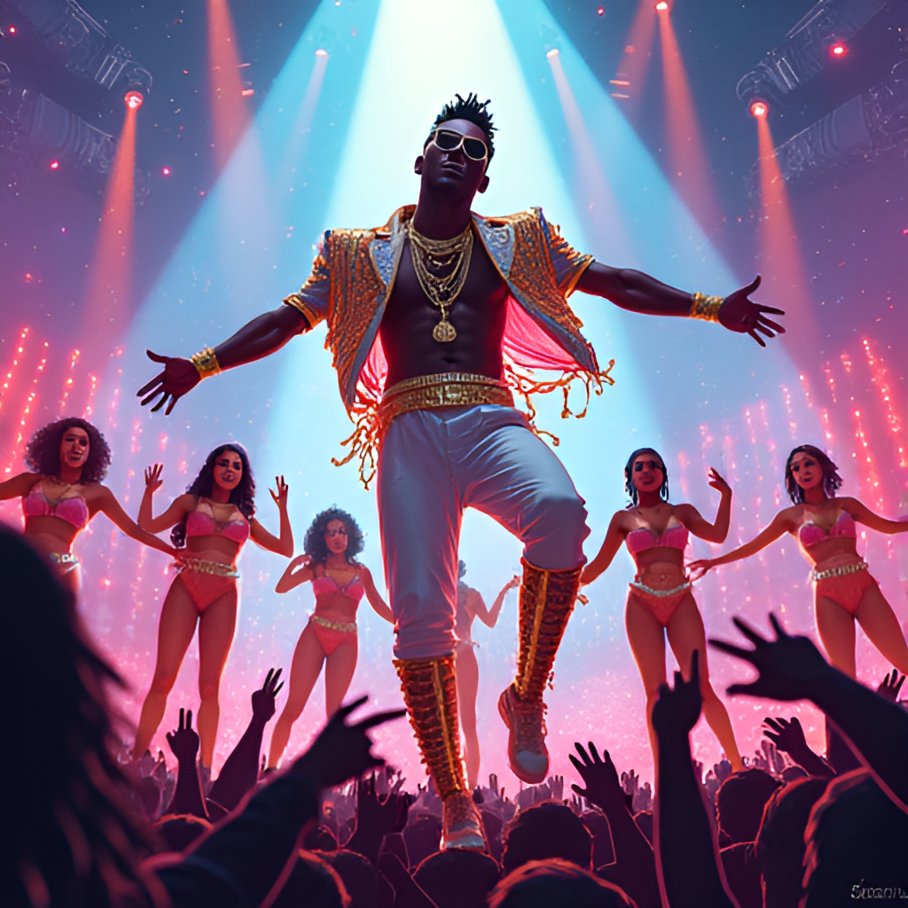 A vibrant, dynamic illustration depicting Diamond Platnumz performing on a large stage, surrounded by energetic dancers and a cheering crowd, with bright spotlights and a lively atmosphere.