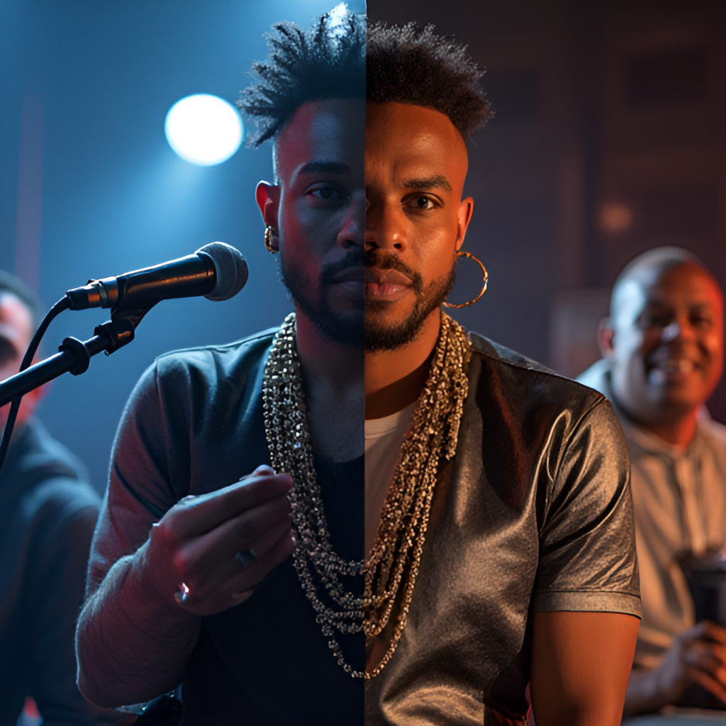 A split image showing Diamond Platnumz in two different settings: one side highlighting his music career with elements like microphones and stage lights, and the other side representing his business ventures with subtle nods to media or a corporate environment.