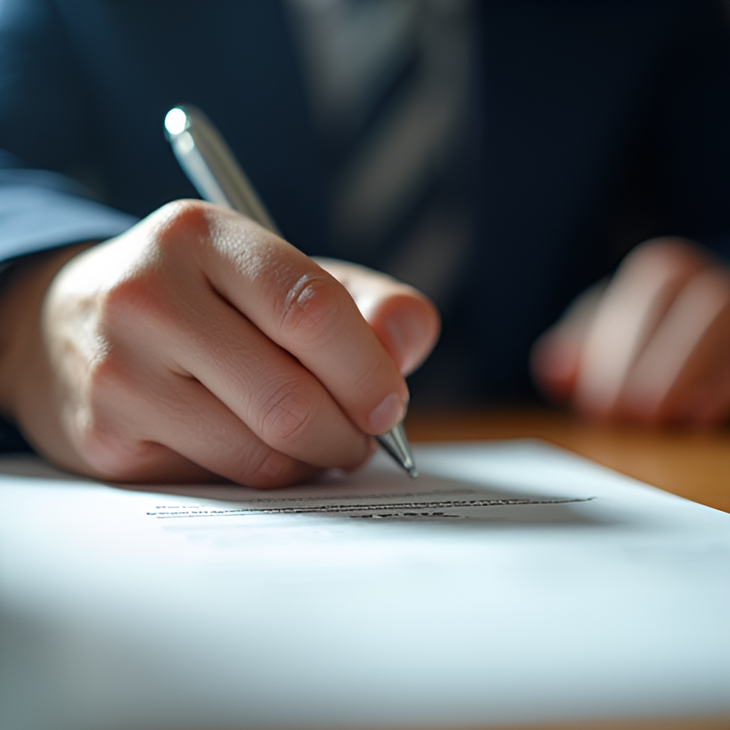 A close-up shot of a hand signing a contract, with blurred football-related elements in the background like a club crest or a football. The lighting should be dramatic to convey the significance of a signed deal.