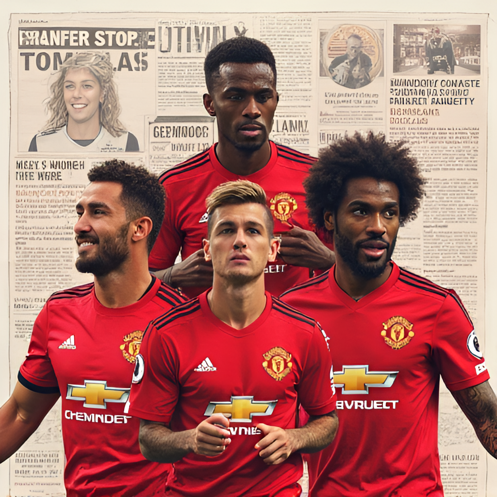 An illustration or photo collage depicting several Manchester United players linked with transfers (both incoming and outgoing) against a backdrop of transfer window graphics or headlines.