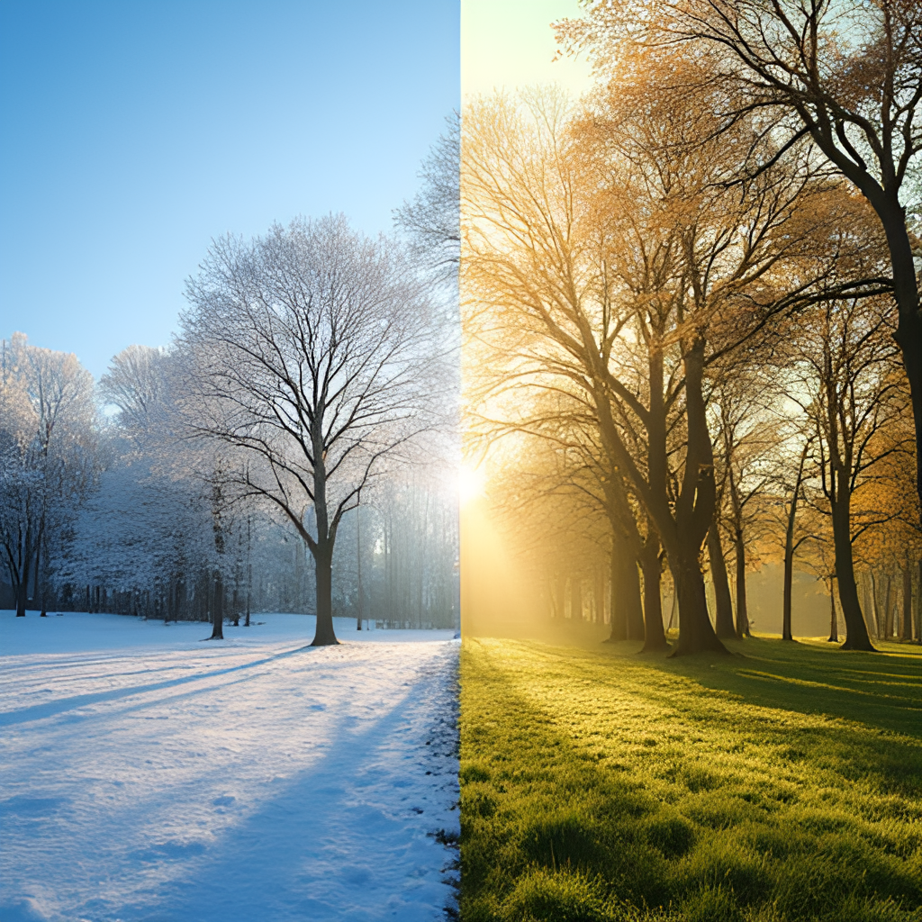 A collage or split image showing contrasting scenes from the Northern and Southern Hemispheres during early December – one with bare trees/frost, the other with greenery/sunshine.